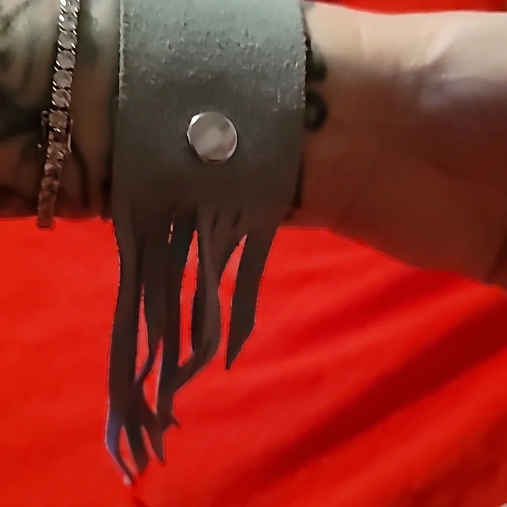 2 Suede Leather Fringed Wrist Cuffs With Watches‎ Western Biker Boho Grey Beige
